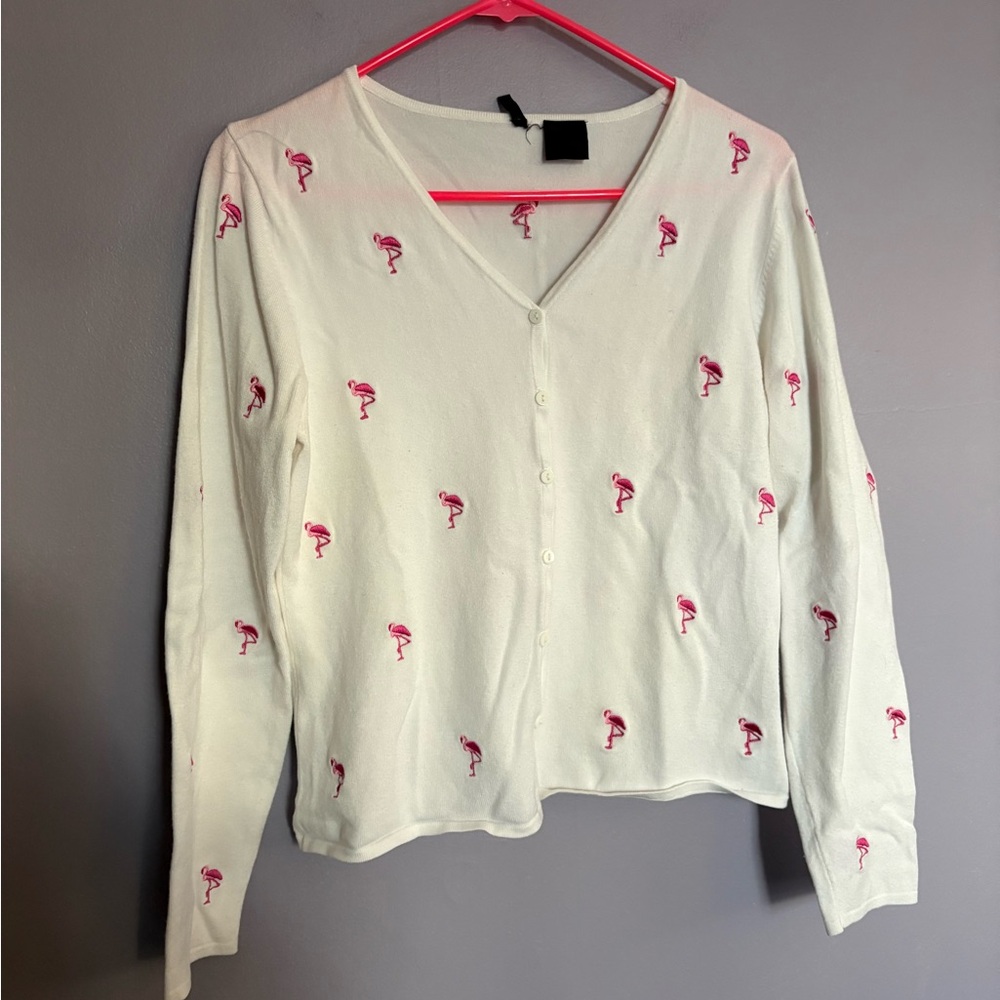 Etoile White Cardigan Embroidered Flamingo Summer Vacation Small Medium